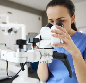 close-up-female-dentist-looking-through-dental-microscope